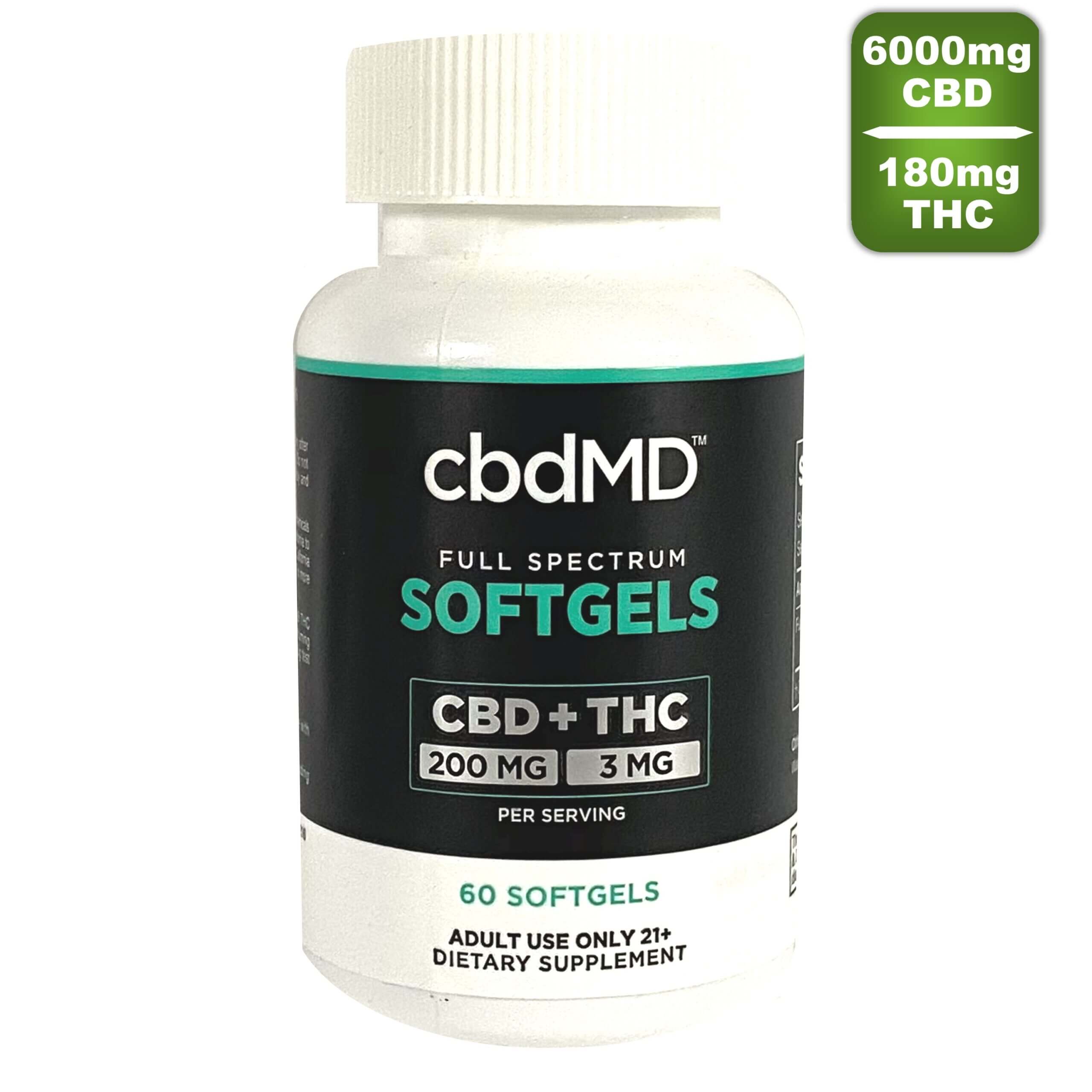 cbdmd - CBD + THC Softgels - 6000mg CBD + 180mg THC - full spectrum - 60 count