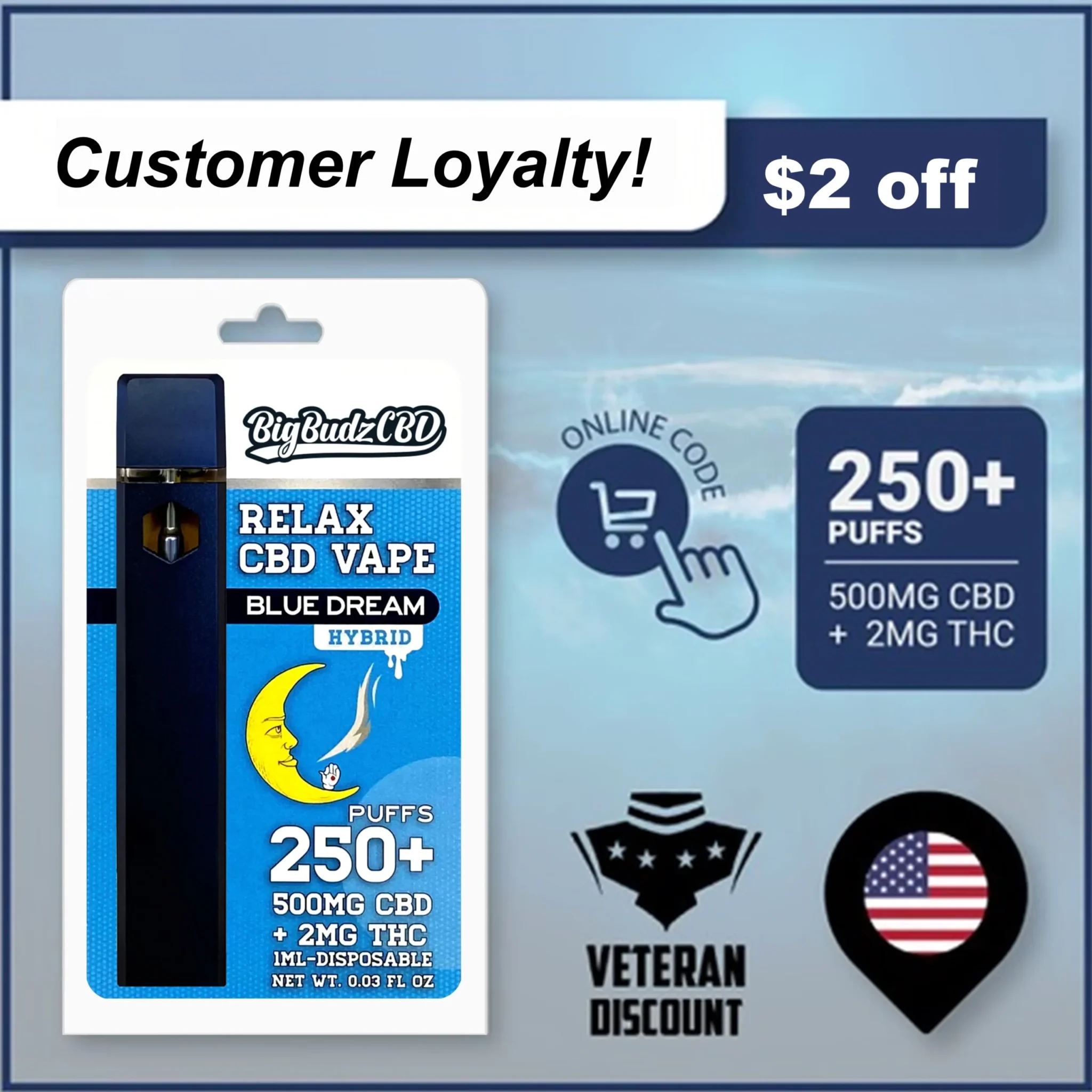 (Customer Loyalty Discount) Blue Dream Vape Pen 500mg – 1ML 500mg CBD + THC ($2 OFF)