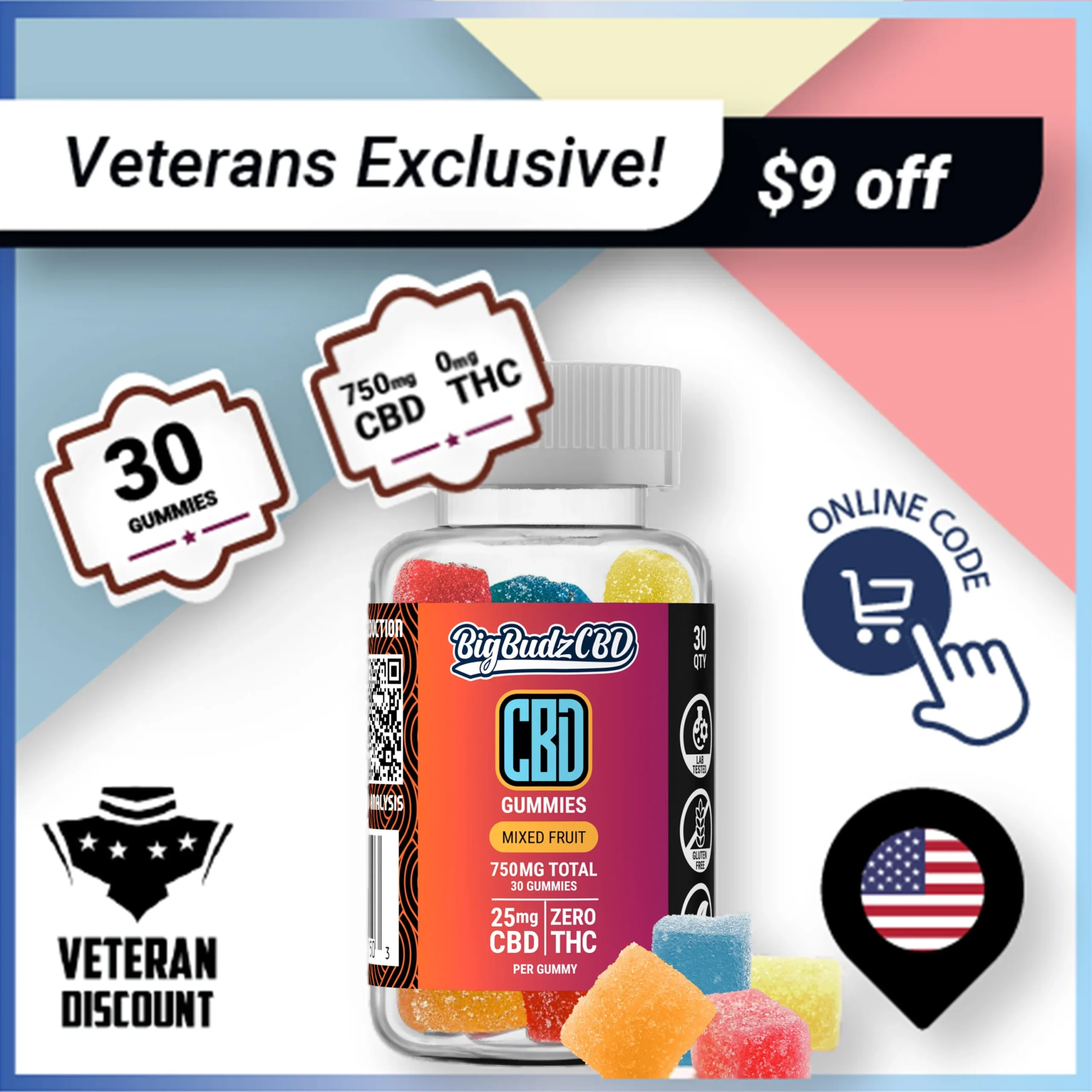 (Veteran Exclusive Discount) 25mg Broad Spectrum CBD Gummies – 30 Count ($9 OFF)