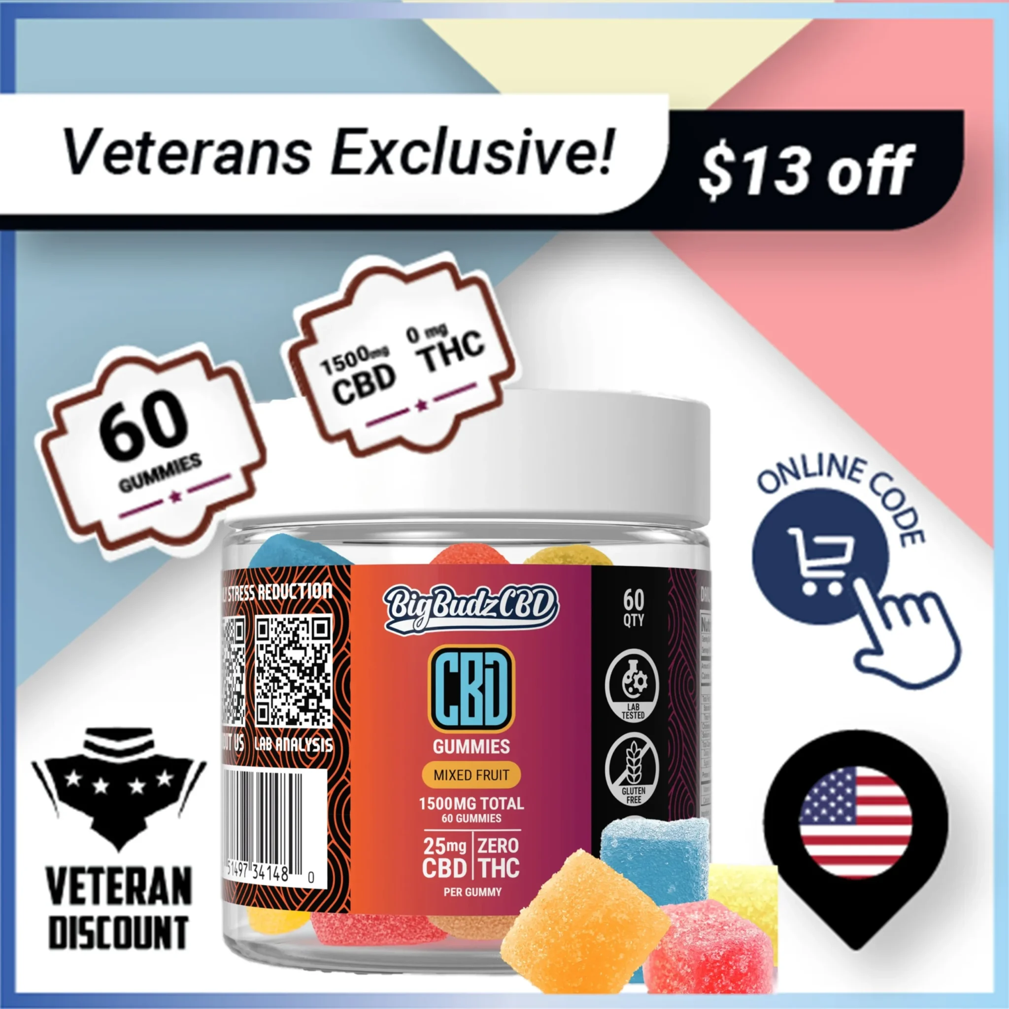 (Veteran Exclusive Discount) 25mg Broad Spectrum CBD Gummies – 60 Count ($13 OFF)
