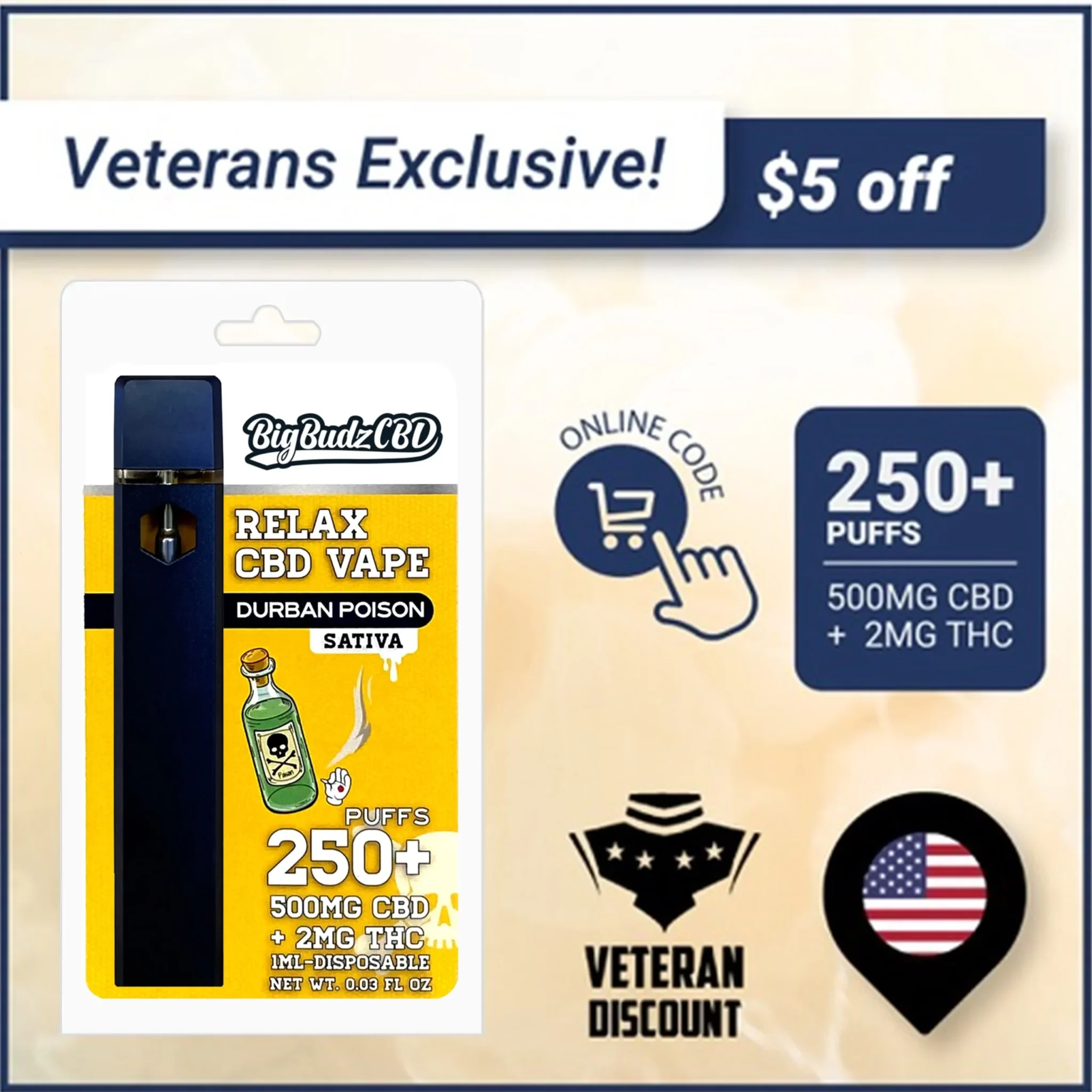 (Veteran Exclusive Discount) Durban Poison Vape Pen 500mg – 1ML 500mg CBD + THC ($5 OFF)