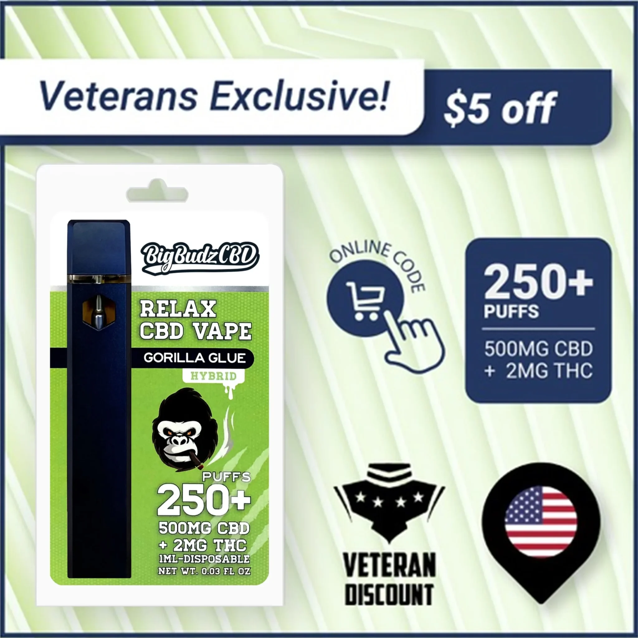 (Veteran Exclusive Discount) Gorilla Glue Vape Pen 500mg – 1ML 500mg CBD + THC ($5 OFF)