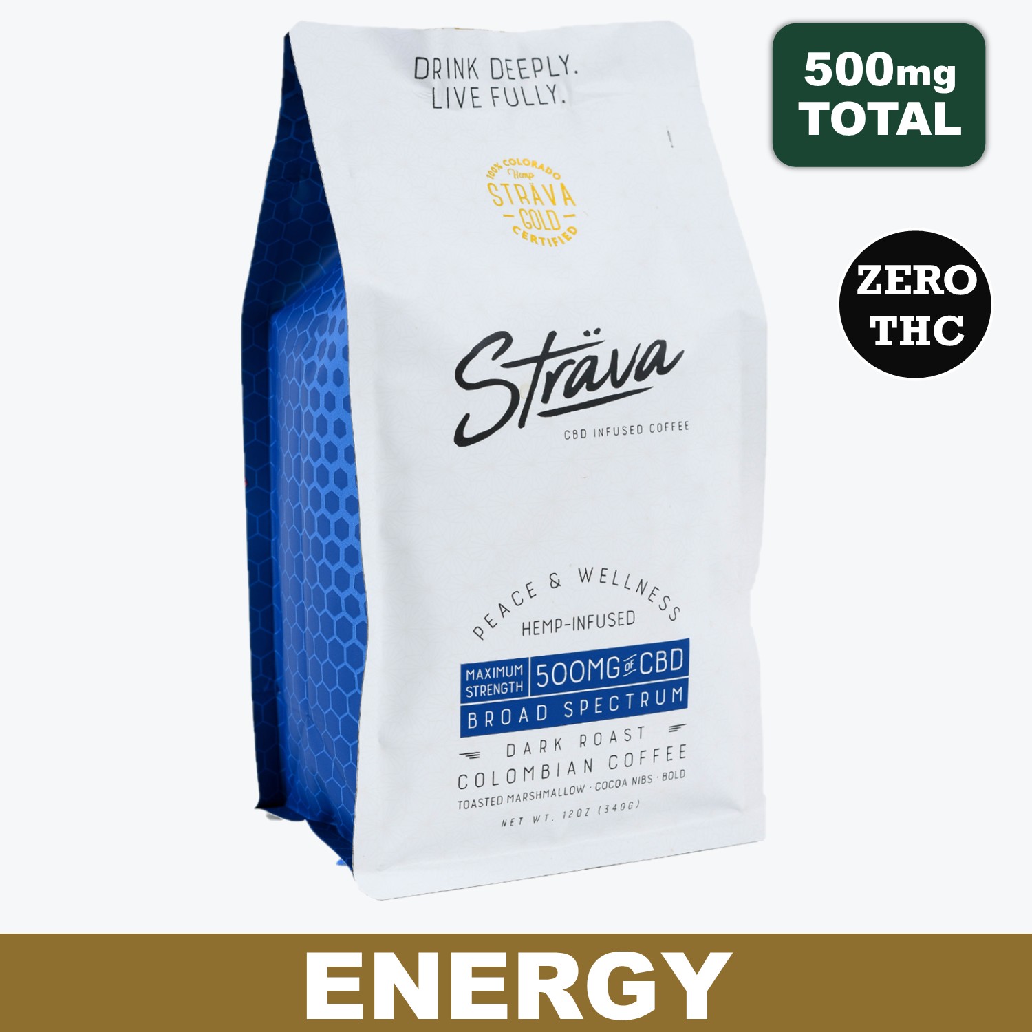Strava - CBD Ground Columbian Coffee, Dark Roast - 12oz Bag of 500mg