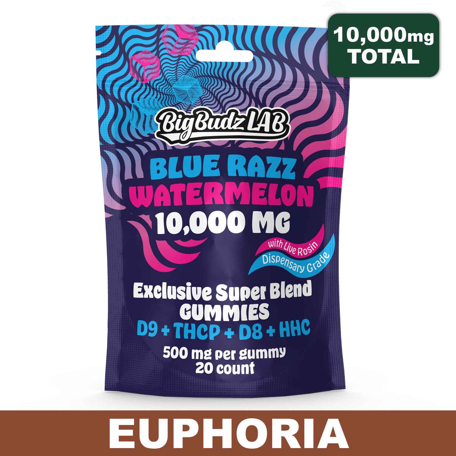 Blue Razz & Watermelon D9+THCP+D8+HHC Cannabinoid Gummies, 10,000mg