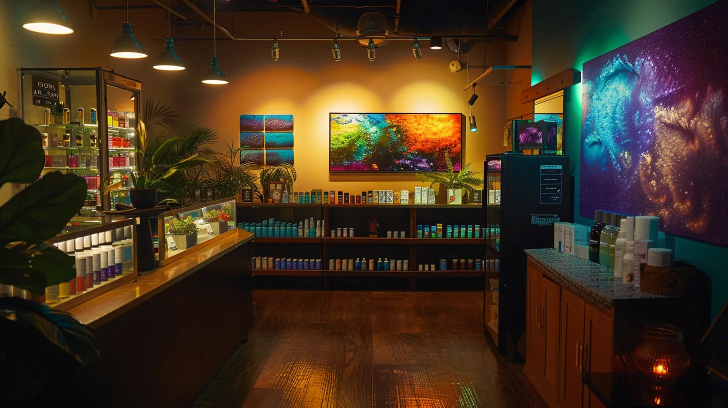 a serene, inviting vape shop showcases elegantly displayed cbd vape products with vibrant flavors and fresh, green terpenes, bathed in soft, ambient lighting that emphasizes a calming atmosphere for relaxation. a serene, inviting vape shop showcases elegantly displayed cbd vape products with vibrant flavors and fresh, green terpenes, bathed in soft, ambient lighting that emphasizes a calming atmosphere for relaxation.