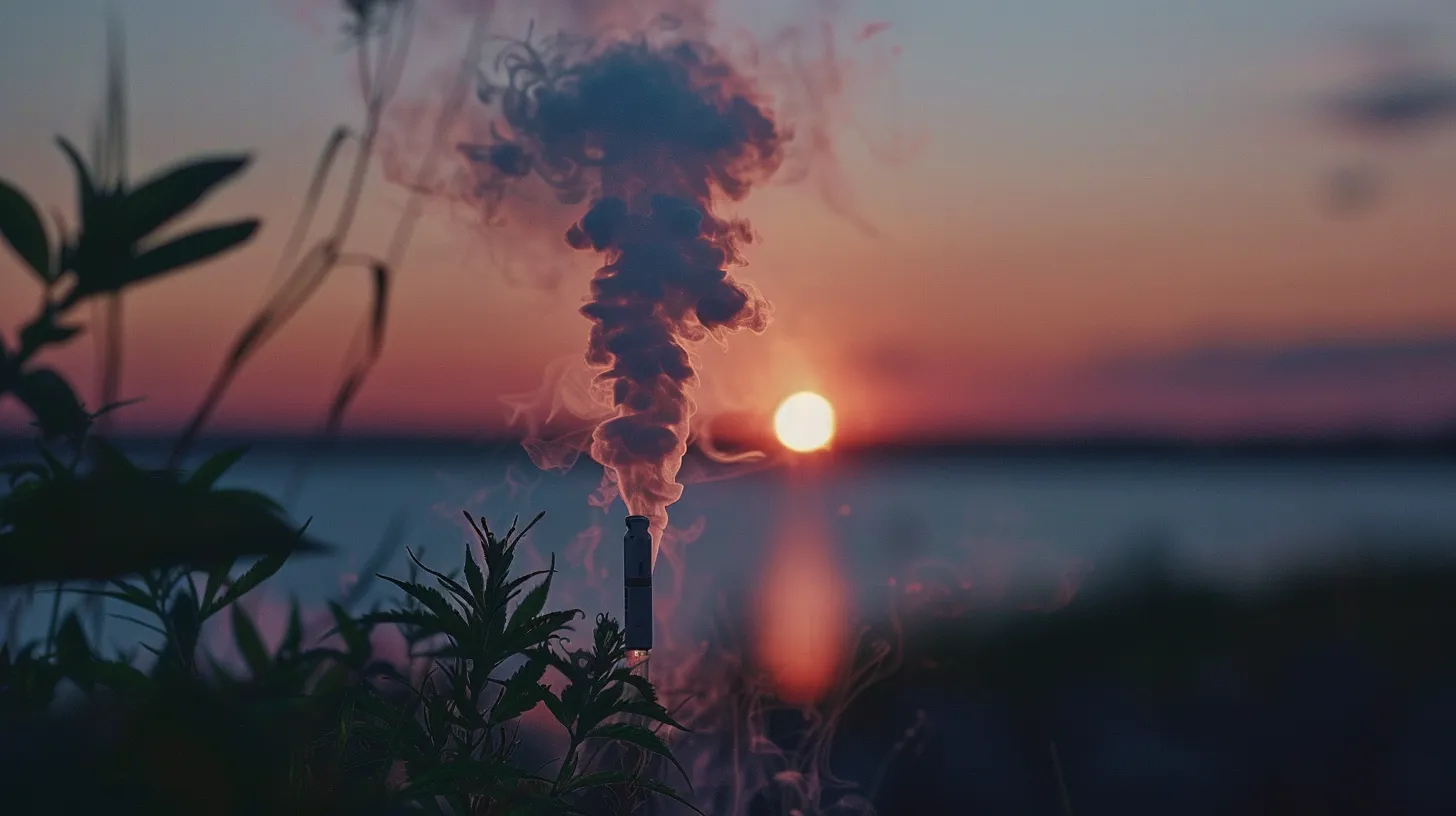 a serene setting featuring a calming vapor cloud rising gently against a tranquil sunset background, symbolizing stress relief and relaxation through the use of cbd vaping. a serene setting featuring a calming vapor cloud rising gently against a tranquil sunset background, symbolizing stress relief and relaxation through the use of cbd vaping.